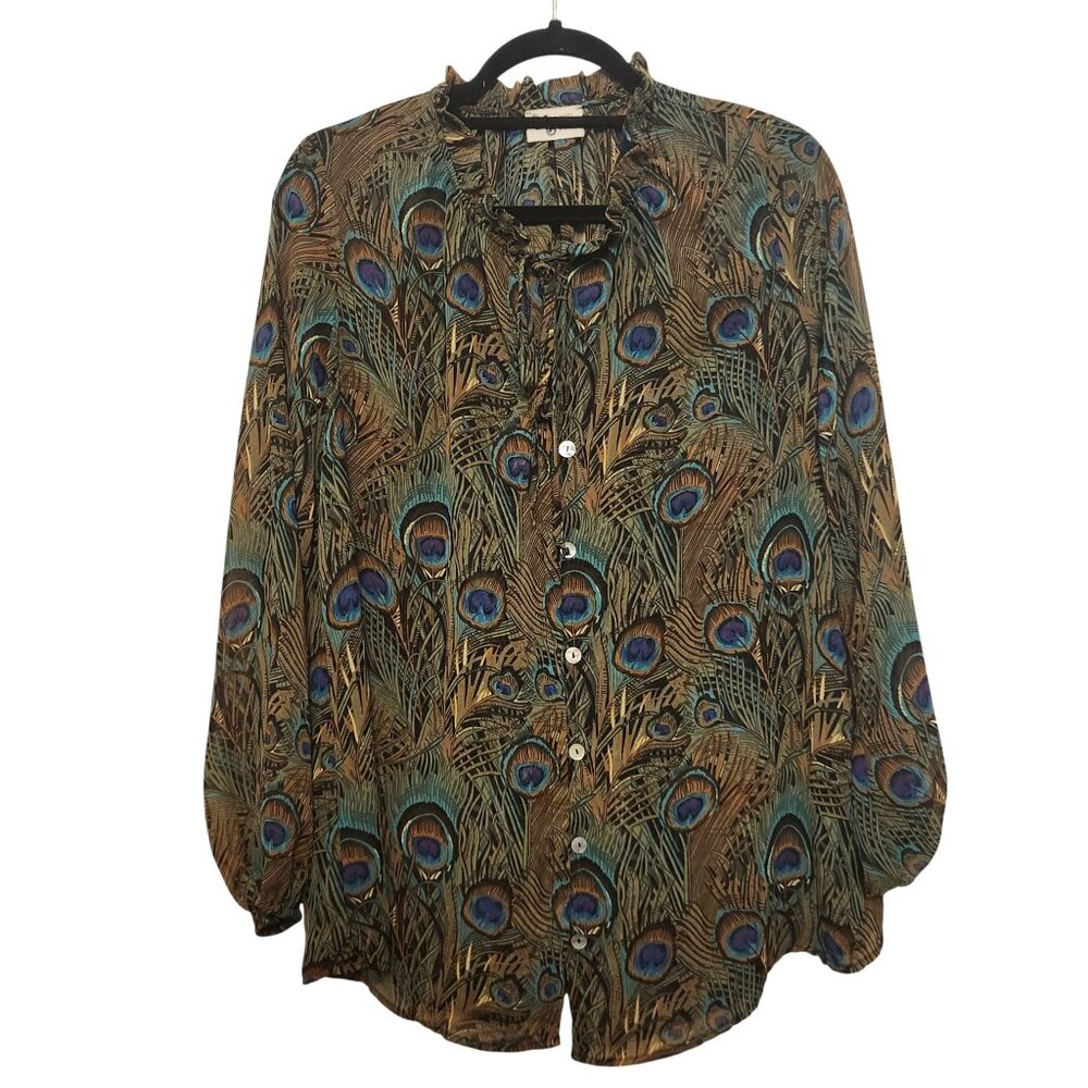 Show Me Your Mumu Green Peacock Printed Button-Down Blouse Size XS